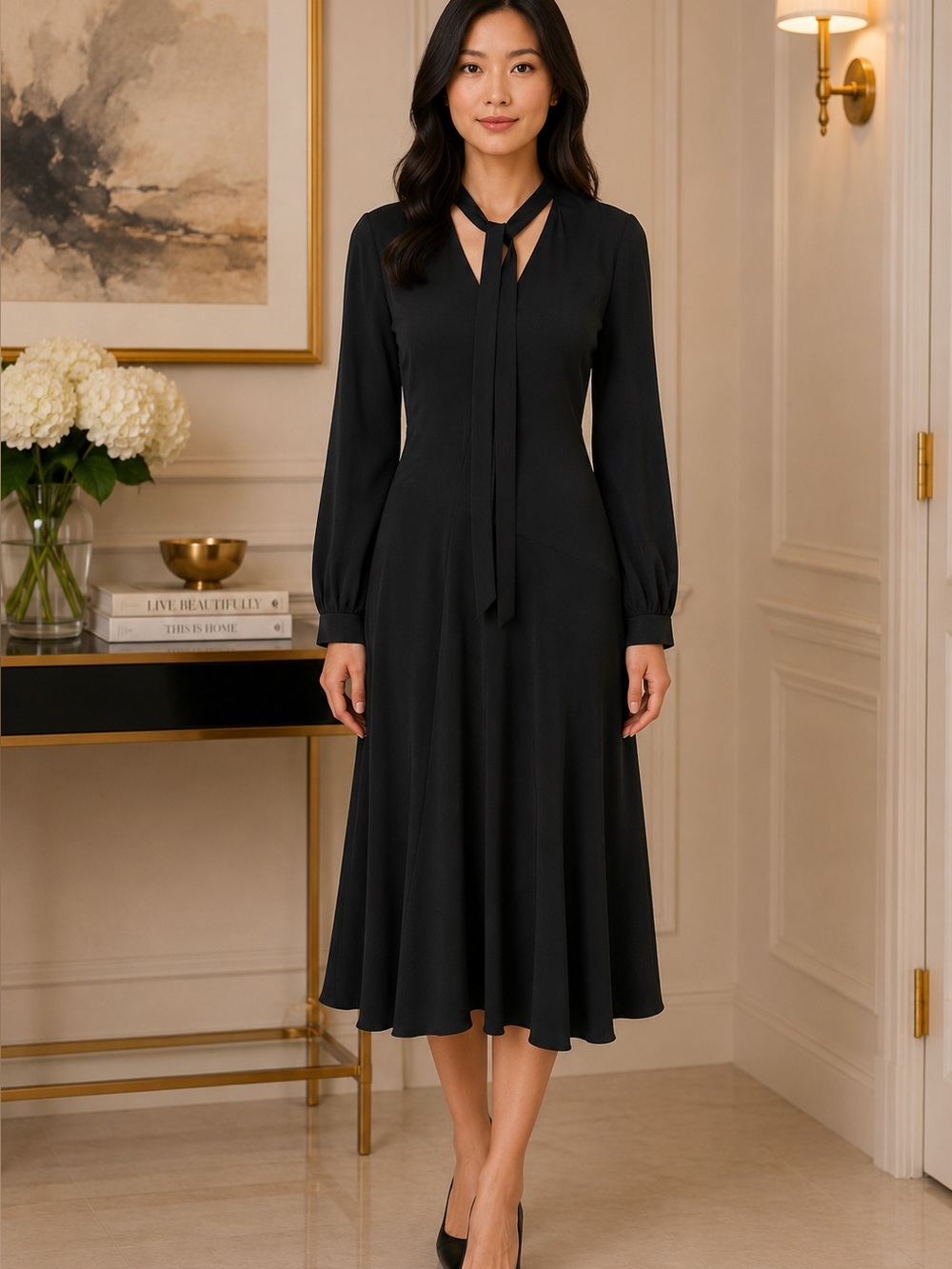 100% silk Theory Black Long-Sleeve Tie-Neck Midi Dress